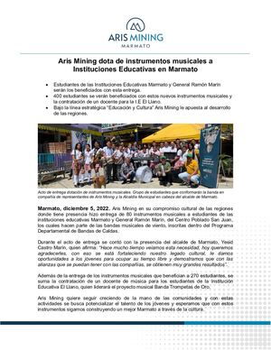 Aris Mining dota de instrumentos musicales a Instituciones Educativas en Marmato