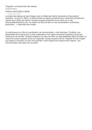 Ouest France (061222) Trégastel Le Financement Des Statues