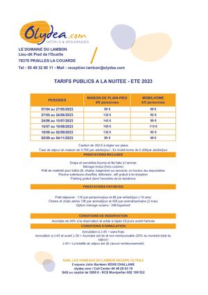 Tarifs 2023 - Lambon - Olydea