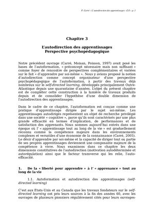 L'autodirection des apprentissages, perspectives de recherche