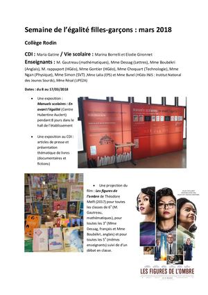 Bilans Semaine éGalité 2018 2019 2020 2021 2022 Collège