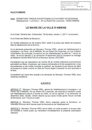 AR1-2022-01439 Arrêté De Fermeture Tardive Exceptionnelle D'un Débit De Boissons, La Pena, 45 Rue Robert De Luzarches