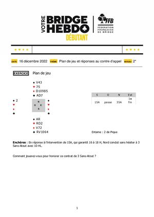 42. Exercice Votre Bridge Hebdo Débutant 16 12 2022