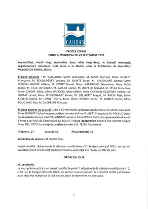 Procès verbal du conseil municipal - Séance du 20-09-2022