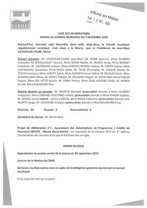 Consulter la séance du Conseil municipal de la Ville de Cahors du 07/12/2022