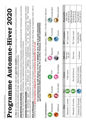 Programme Automne Hiver 2020