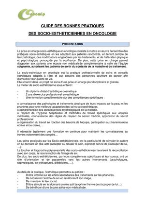Guide Des Bonnes Pratiques Des Socio Esthéticiennes En Oncologie 06 2013 Oncomip