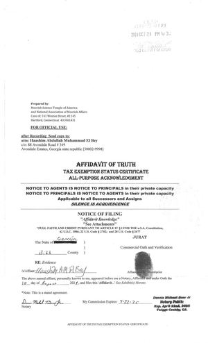 Notice Affidavit of Truth Tax Exemption Status Certificate All Purpose Acknowledgement for: Haashim Abdullah-Muhammad El Bey