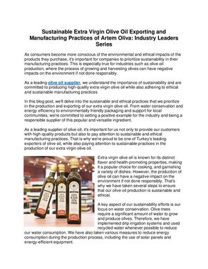 Sustainable Extra Virgin Olive Oil Exporting And Manufacturing Practices Of Artem Oliva