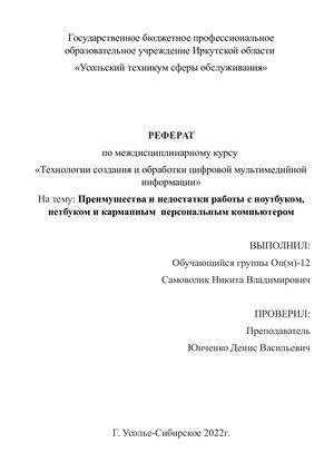 Преимущества и недостатки работы с ноутбуком, нетбуком и карманным персональным компьютером