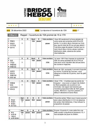 44. Solution Votre Bridge Hebdo Débutant 30 12 2022