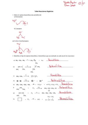 Taller Reacciones Organicas 2022
