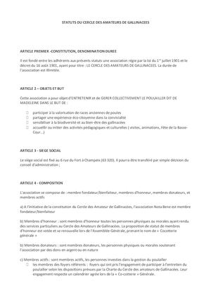 Statuts Cercle Des Amateurs De Gallinacées