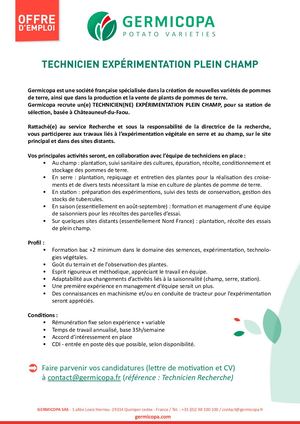 Offre D'emploi / Technicien Expérimentation Plein Champ