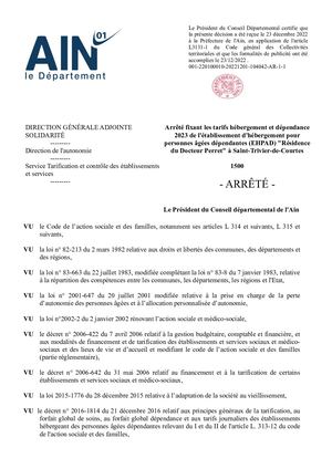 Arrêté Fixant Tarif Hébergement EHPAD Résidence Du Docteur Perret St Trivier De Courtes