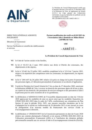Arrêté Portant Modification Des Tarifs De L'association Départementale Aide à Domicile En Milieu Rural Admr De L'ain