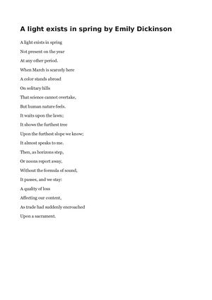 A Light Exists In Spring By Emily Dickinson