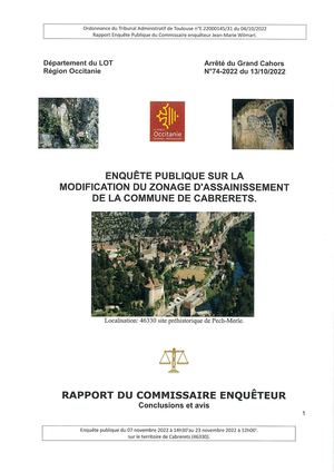 Rapport du commissaire enquêteur relatif à l'enquête publique sur la modification du zonage d'assainissement de Cabrerets