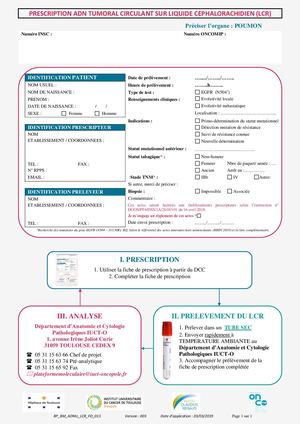 PRESCRIPTION ADN TUMORAL CIRCULANT SUR LIQUIDE CEPHALORACHIDIEN (LCR)_IUCT-Oncopole