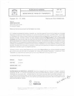 Manifestación de Interés operación nueva ruta Coototrans