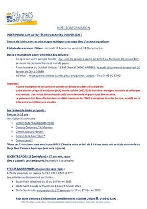 Note Information vacances Hiver 2023