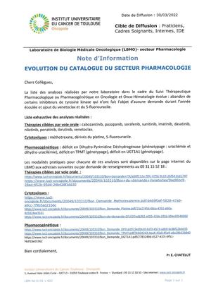 Note D Information IUCTO - Evolution Du Catalogue Du Secteur Pharmacologie 2022