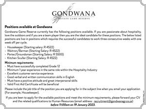 Vacancies: Gondwana Private Game Reserve