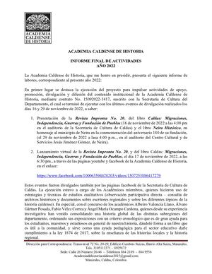 ACADEMIA CALDENSE DE HISTORIA INFORME FINAL DE ACTIVIDADES AÑO 2022