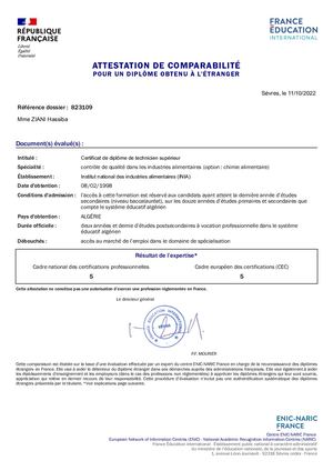 Hassiba ZIANI - Attestation ENIC-NARIC Bac+2