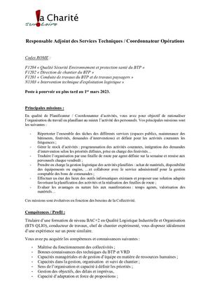 OFFRE Responsable Adjoint Des Services Techniques Coordonnateur Opérations