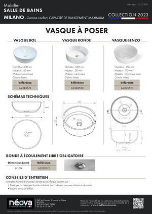 NÉOVA Fiche MILANO Vasques à Poser
