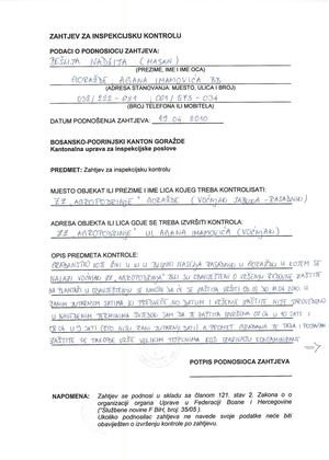 Zahtjev Za Inspekcijsku Kontrolu 2010