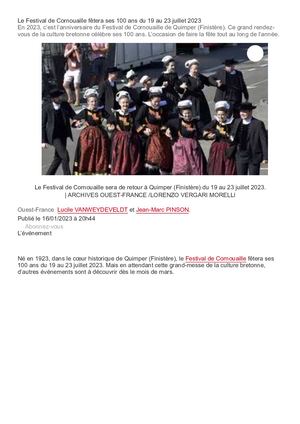 Ouest France (160123) Le Festival De Cornouaille Fêtera Ses 100 Ans Du 19 Au 23 Juillet 2023