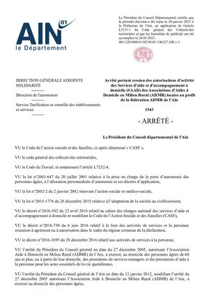 Arrêté Portant Cession Des Autorisation D'aactivité Des Services D'aide Et D'accompagnement à Domicile Des Associations D'aides à Domicile En Milieu Rural Locales Au Profit De La Fédération Admr De L'ain