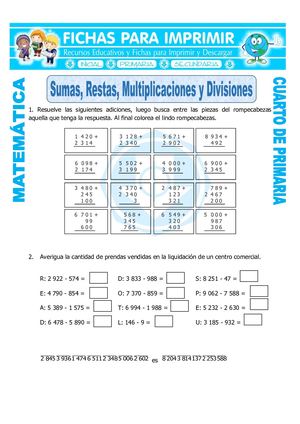 Ficha Sumas Restas Multiplicaciones Y Divisiones Para Cuarto De Primaria