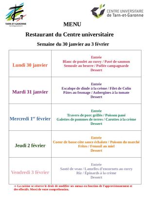 Menu Restaurant du Centre universitaire