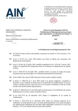 Arrêté Fixant Les Tarifs D'hébergementet Le Domaine Du Chapuis à Romans