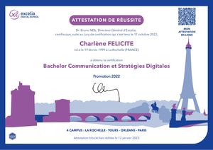Certificat de réussite Bachelor communication et stratégies digitales-Charlène Félicité