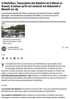L'UNION A Hautvillers, l'association des Bateliers de la Marne se dissout, le bateau qu'ils ont construit est démantelé à Mareuil-sur-Aÿ 02/10/2022