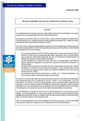 Bilan Du Modèle De Financement Des Eaje Psu