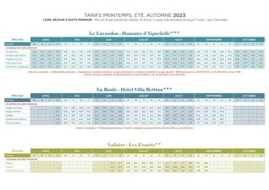 Tarifs printemps été automne 2023