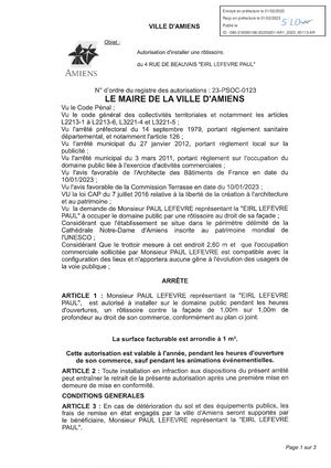 Ar1 2023 00113 Arrête D'installation D'une Rotisserie 4 Rue De Beauvais Eirl Lefevre Paul à Amiens