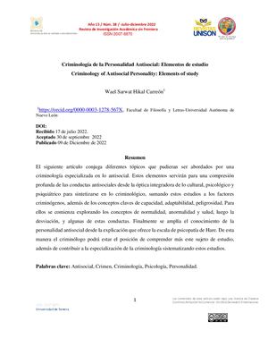 Criminología de la Personalidad Antisocial: Elementos de estudio