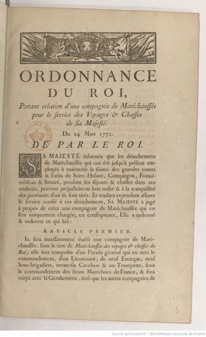 Ordonnance 1772 24 Mars Marechausse Voyages Chasses