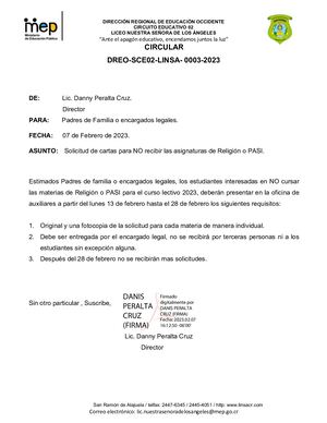 Circular 003 Recepción De Cartas Para No Recibir Religión O Pasi