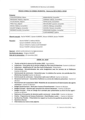 Compte Rendu Conseil Municipal Neuville Les Dames 29112022
