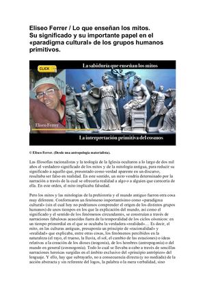 Eliseo Ferrer – Significación del Mito en el «paradigma cultural» de las sociedades primitivas.