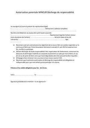 Autorisation Parentale Mineur Décharge De Responsabilité