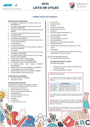 Lista de útiles Nivel Primaria 2023 (1° to 6°)