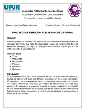 Reporte Proceso De Remocion Por Arranque De Viruta